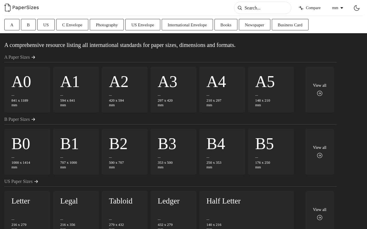 screenshot-Paper Sizes | A comprehensive resource listing all paper sizes, dimensions and formats.